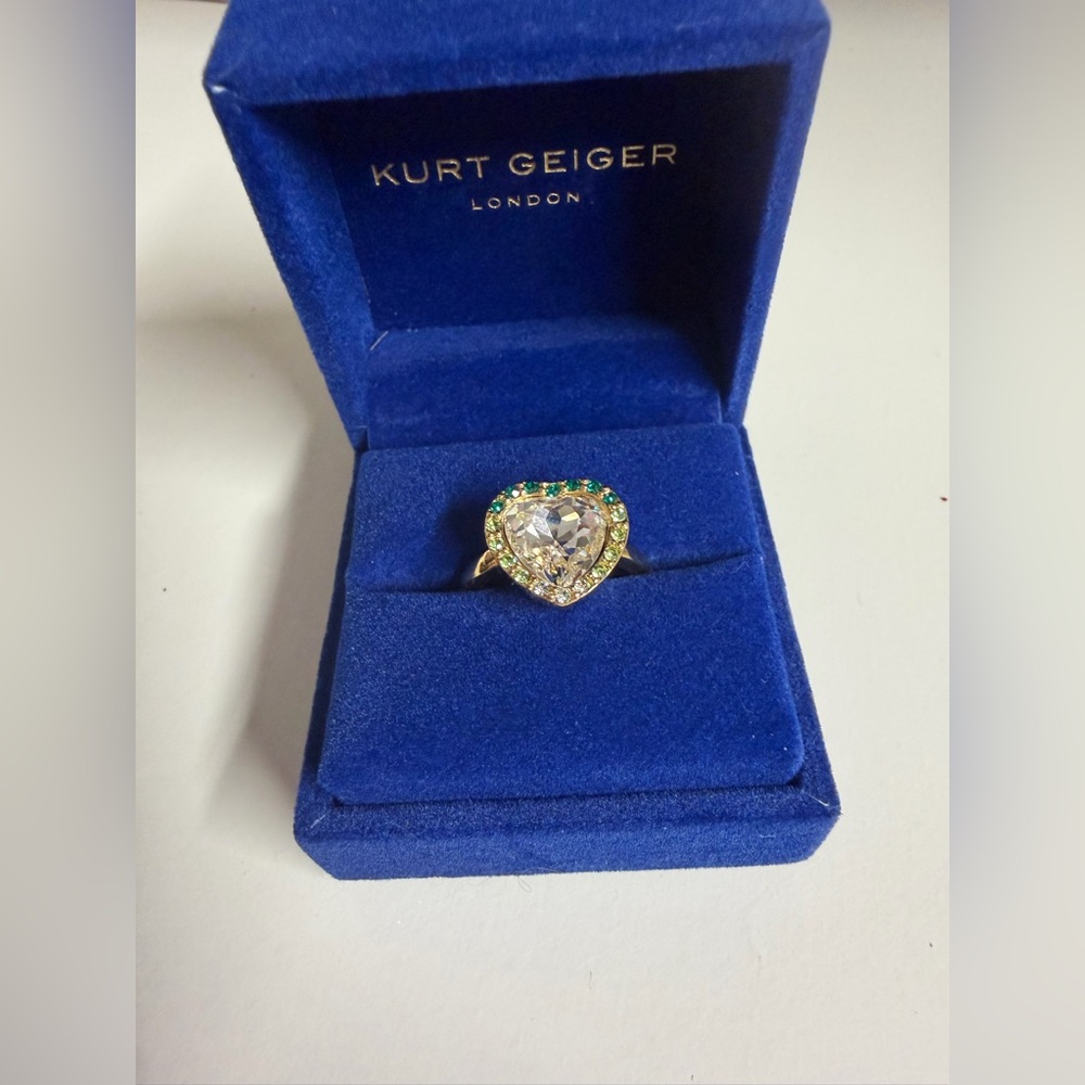 Kurt Geiger Gold size 7 Heart Ring with Clear and Green Stones